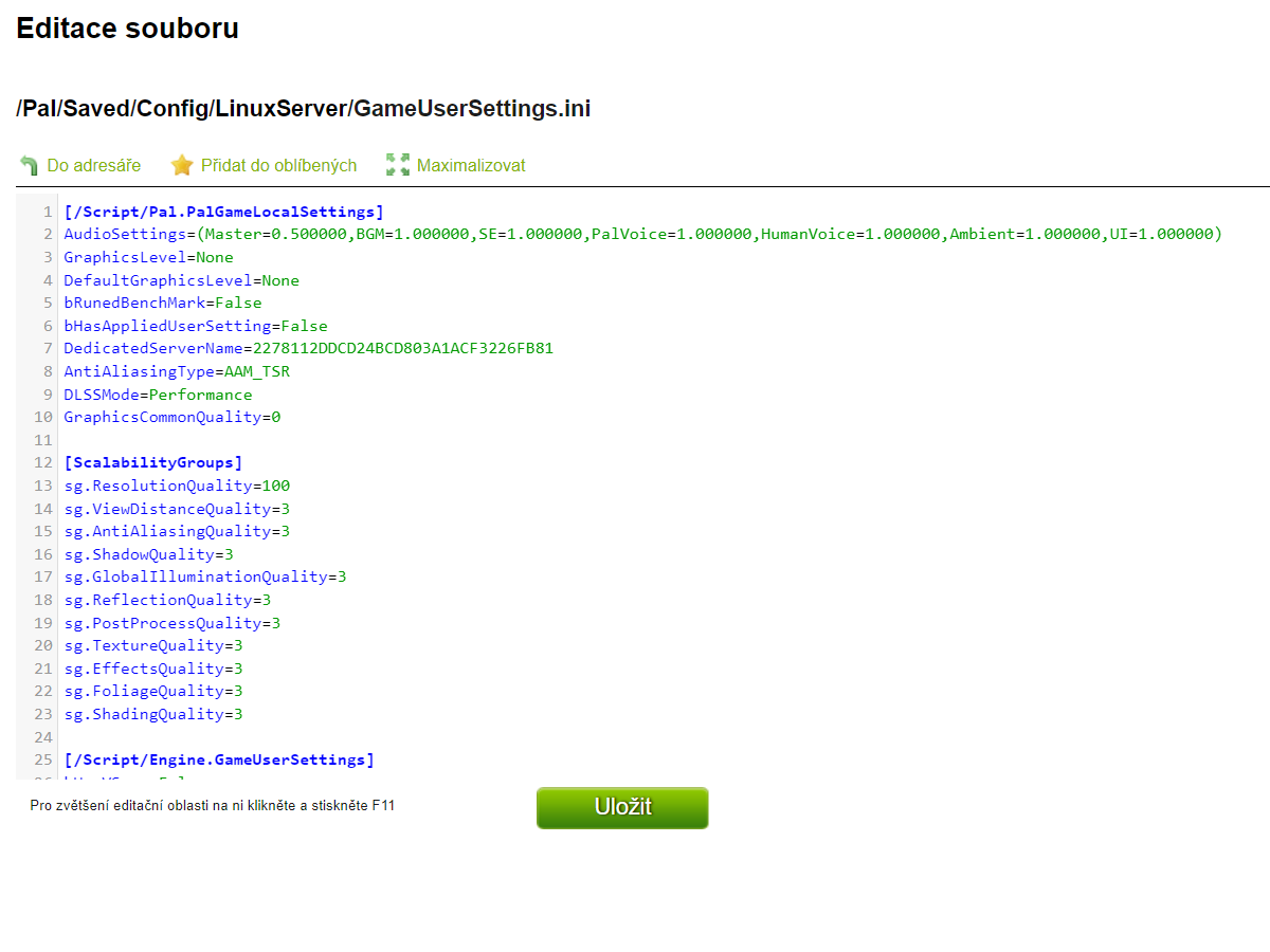 Obsah souboru GameUserSettings.ini